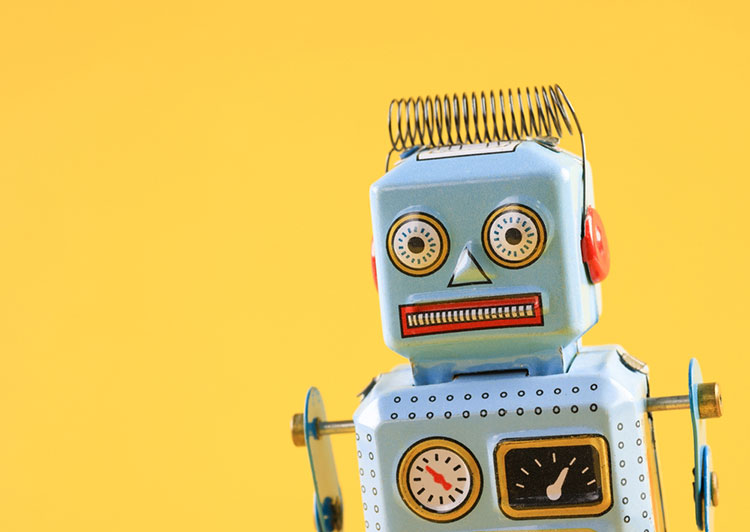 an imposing blue robot toy with a yellow background