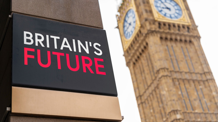 A sign reading 'Britain's future' in Labour's colours with Big Ben in the background. 
