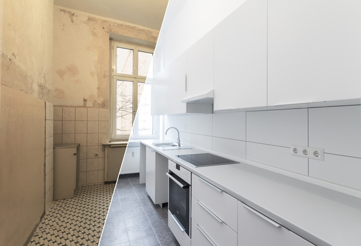 split in half image, left side displays a dilapidated kitchen, the right half shows the kitchen newly renovated
